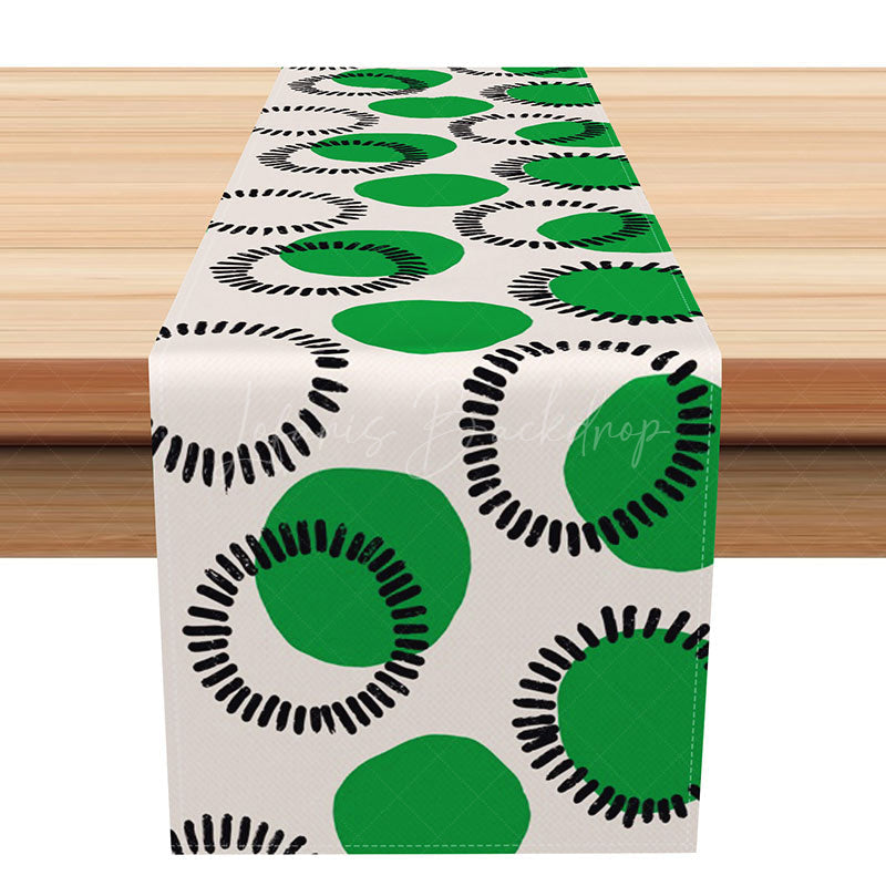 Lofaris Modern Abstract Table Runner with Green and Black Circle Pattern for Contemporary Kitchen Dining Decor