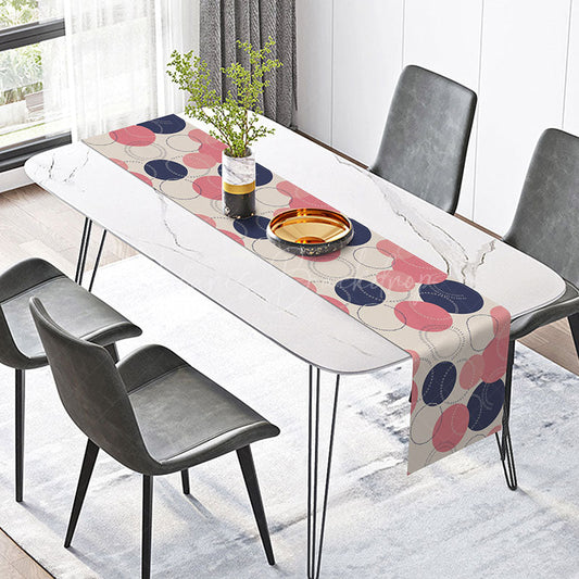 Lofaris Modern Abstract Table Runner with Pink and Navy Circle Pattern for Contemporary Dining Room Decor