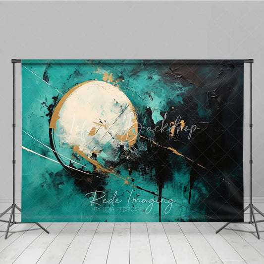 Lofaris Modern Abstract Textured Photography Backdrop with Teal Black and Gold Paint Splatters Artistic Circle Design