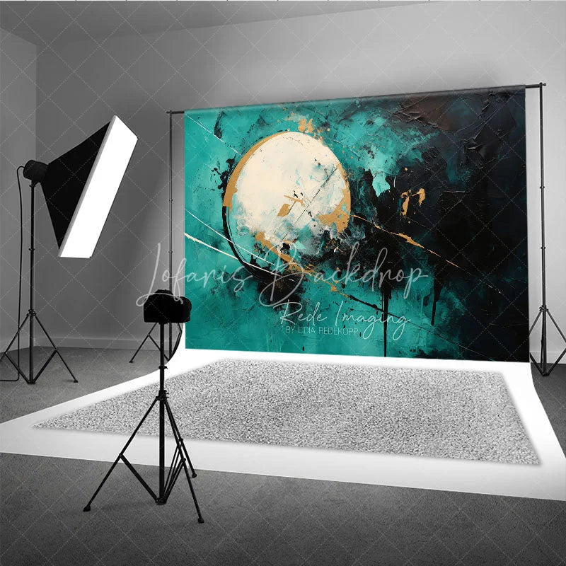Lofaris Modern Abstract Textured Photography Backdrop with Teal Black and Gold Paint Splatters Artistic Circle Design