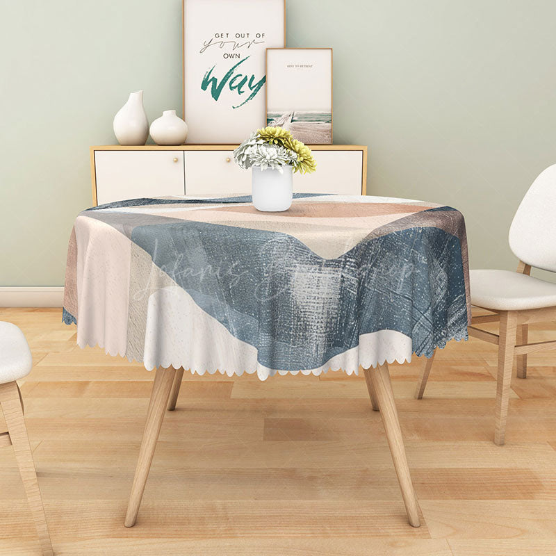Lofaris Modern Abstract Wave Round Tablecloth in Beige Brown and Gray for Neutral Earthy Decor