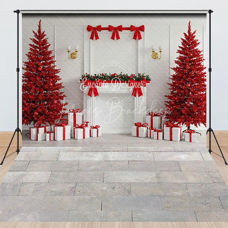 Lofaris Modern All Red Christmas Room Combo Set Backdrop White Fireplace with Trees Holiday Photo Studio Floor
