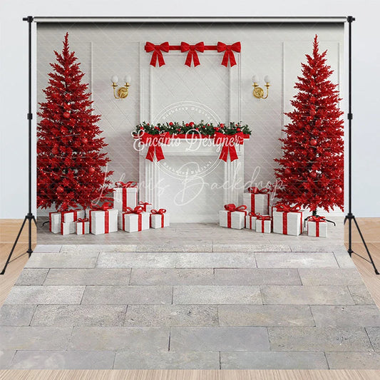 Lofaris Modern All Red Christmas Room Combo Set Backdrop White Fireplace with Trees Holiday Photo Studio Floor