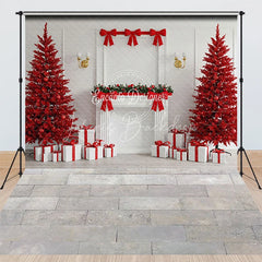 Lofaris Modern All Red Christmas Room Combo Set Backdrop White Fireplace with Trees Holiday Photo Studio Floor