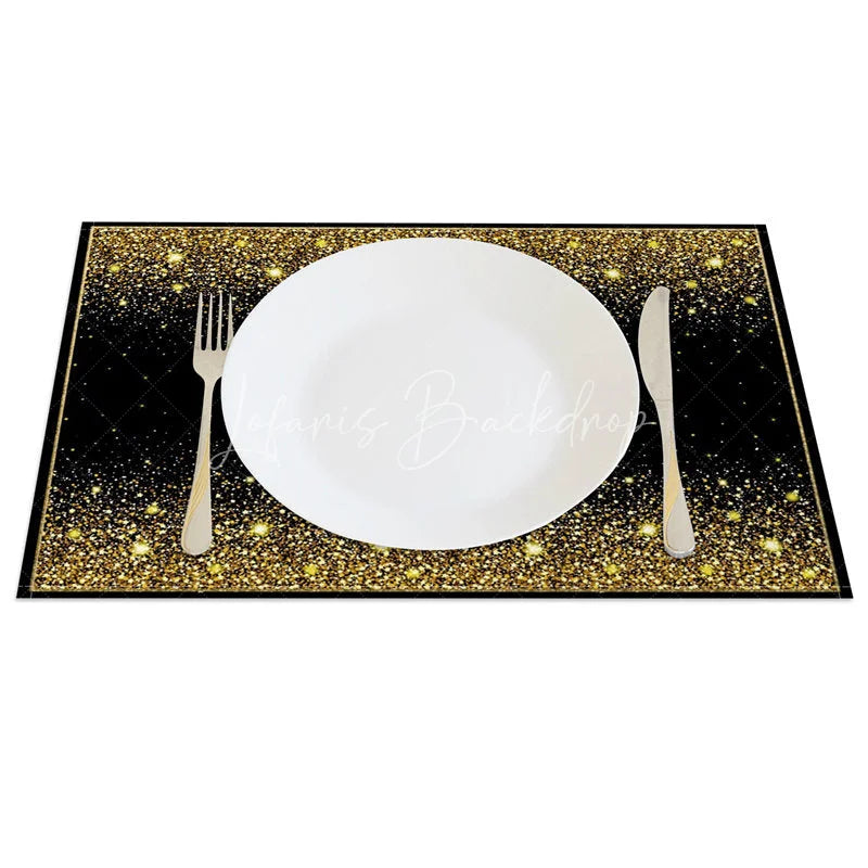Lofaris Modern Black and Gold Glitter Effect Set of 4 Placemats for Elegant Holiday Wedding Party Decor
