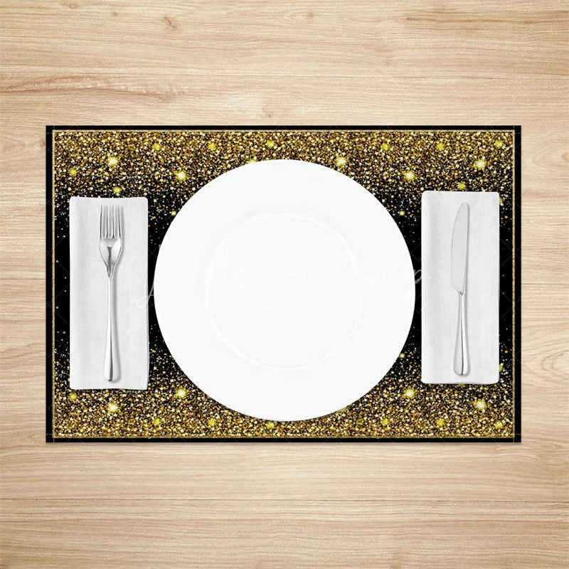 Lofaris Modern Black and Gold Glitter Effect Set of 4 Placemats for Elegant Holiday Wedding Party Decor