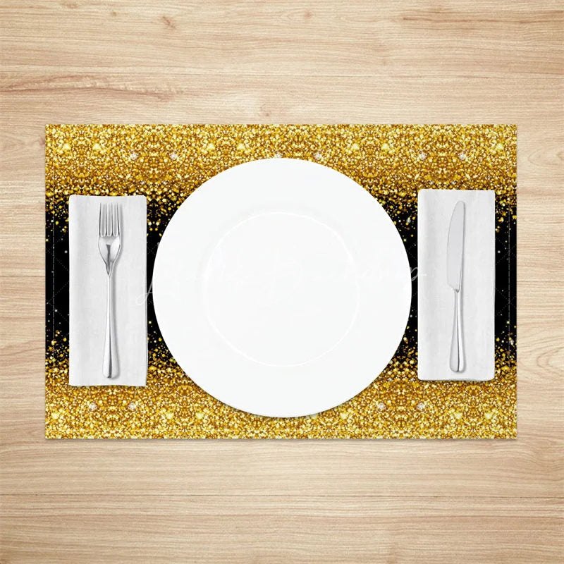 Lofaris Modern Black and Gold Glitter Set of 4 Placemats for Elegant New Year’s Eve Holiday Parties