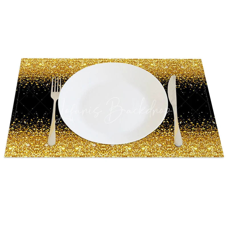 Lofaris Modern Black and Gold Glitter Set of 4 Placemats for Elegant New Year’s Eve Holiday Parties