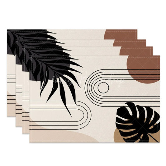 Lofaris Modern Black Leaf Stripe Geometric Set of 4 Placemats for Contemporary Botanical Dining Room Decor
