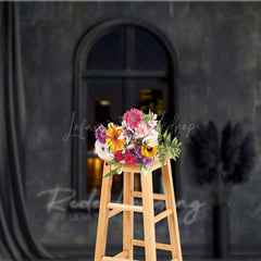 Lofaris Modern Black Room Photography Backdrop Arched Window with City Night View Dark Moody Interior Studio Photo Prop