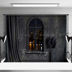 Lofaris Modern Black Room Photography Backdrop Arched Window with City Night View Dark Moody Interior Studio Photo Prop