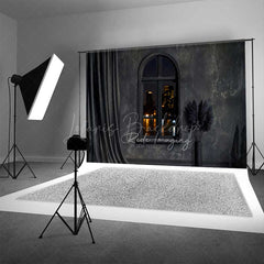 Lofaris Modern Black Room Photography Backdrop Arched Window with City Night View Dark Moody Interior Studio Photo Prop