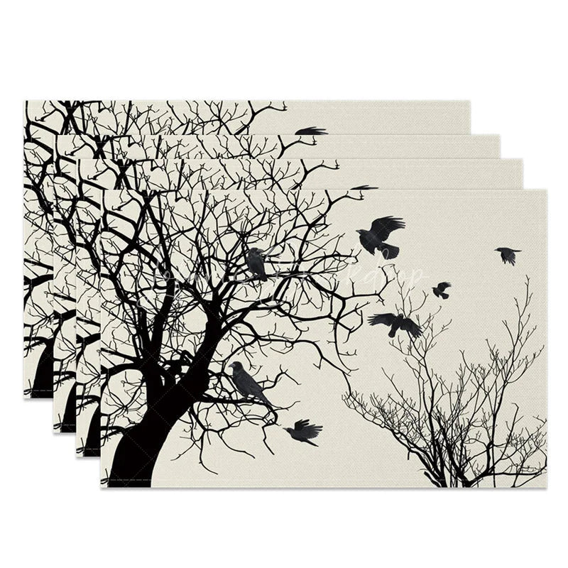 Lofaris Modern Black Tree Silhouette with Birds Set of 4 Placemats for Minimalist and Nature Themed Decor