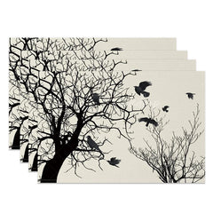 Lofaris Modern Black Tree Silhouette with Birds Set of 4 Placemats for Minimalist and Nature Themed Decor