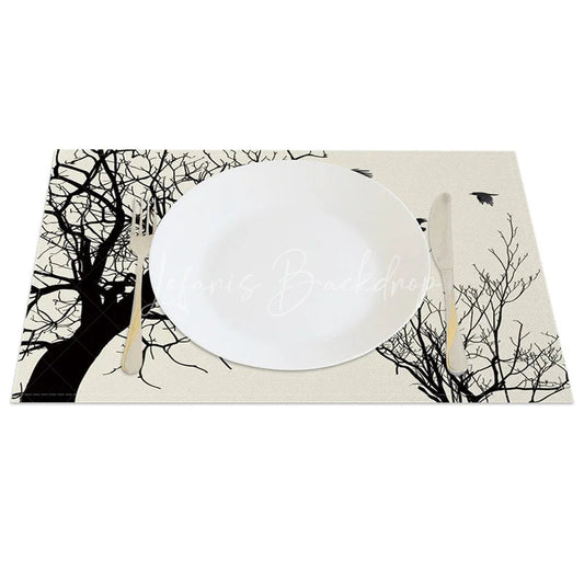 Lofaris Modern Black Tree Silhouette with Birds Set of 4 Placemats for Minimalist and Nature Themed Decor