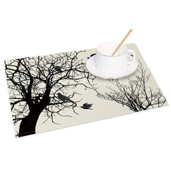 Lofaris Modern Black Tree Silhouette with Birds Set of 4 Placemats for Minimalist and Nature Themed Decor