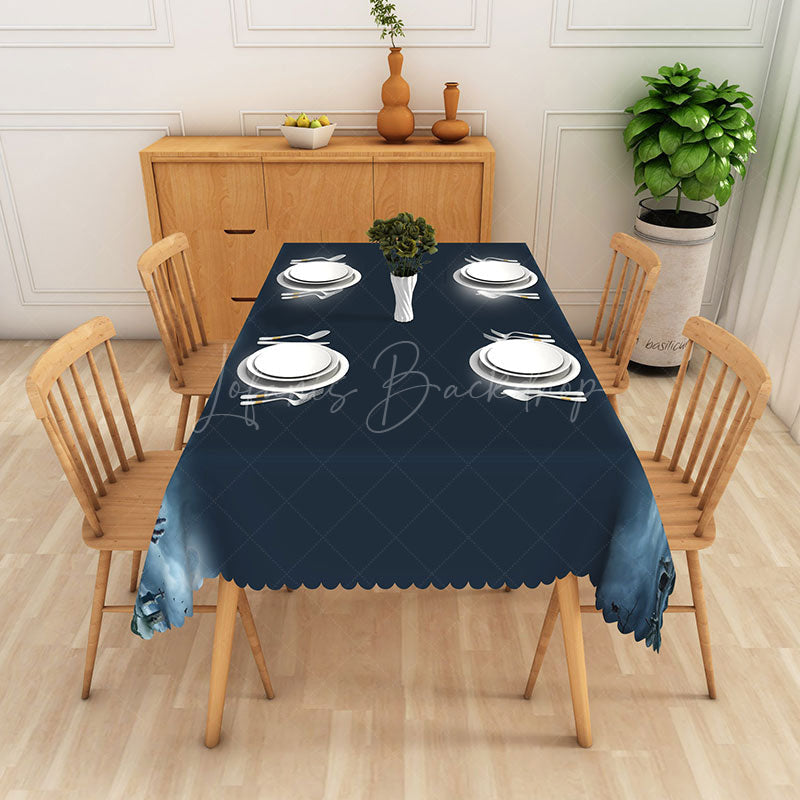 Lofaris Modern Blue and Black Rectangle Tablecloth with Faux Scalloped Edge for Abstract Contemporary Decor