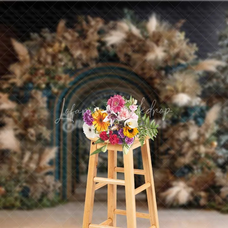 Lofaris Modern Blue Arch Christmas Backdrop Boho Pampas Grass Gold Photography Background