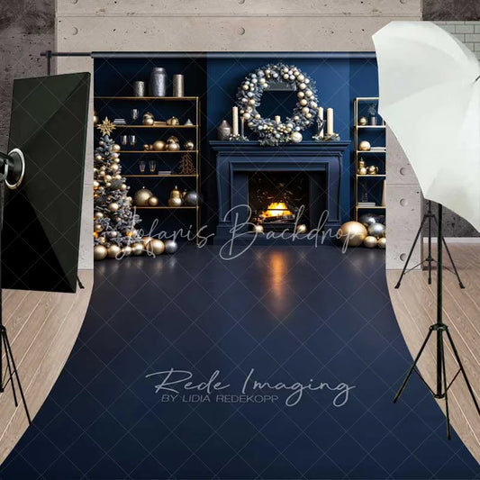 Lofaris Modern Blue Christmas Sweep Backdrop Fireplace Gold Ornaments Dark Floor Room Photo Background