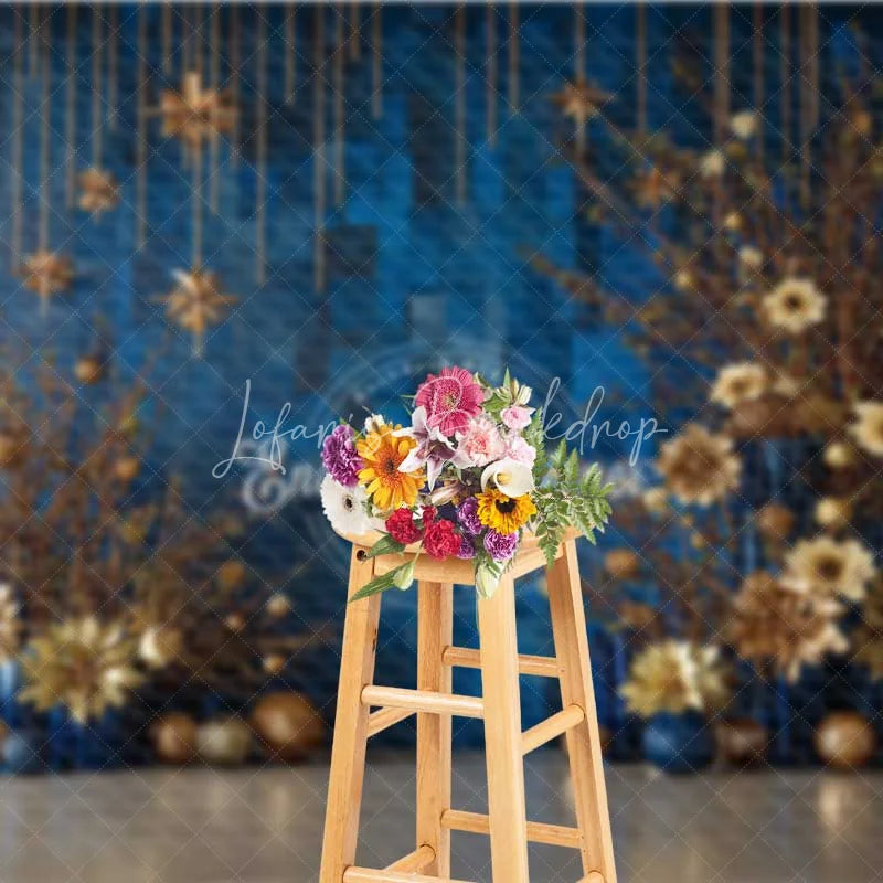 Lofaris Modern Blue Geometric Christmas Backdrop Gold Starburst Floral Photography Background