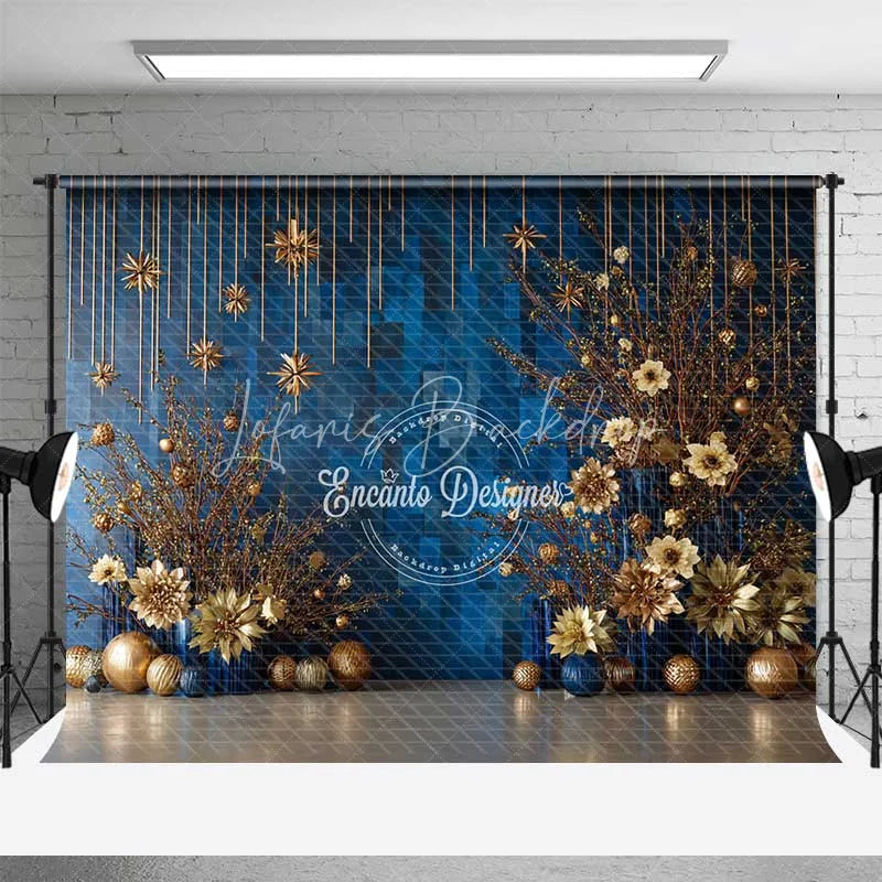 Lofaris Modern Blue Geometric Christmas Backdrop Gold Starburst Floral Photography Background