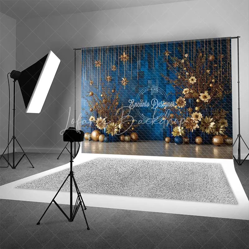 Lofaris Modern Blue Geometric Christmas Backdrop Gold Starburst Floral Photography Background
