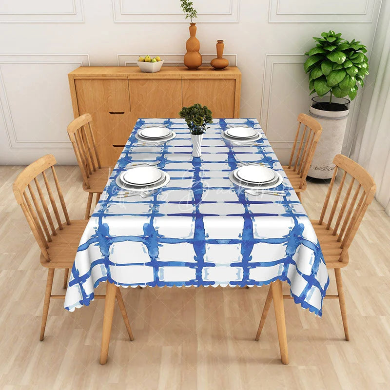 Lofaris Modern Blue Watercolor Grid Rectangle Tablecloth Abstract Brushstroke Design for Dining Kitchen Decor