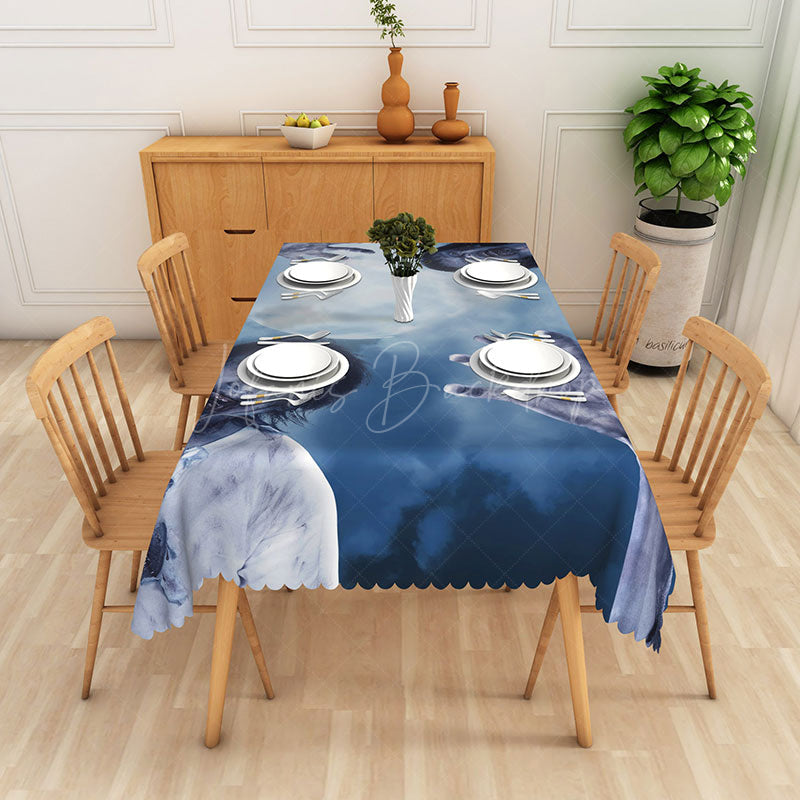 Lofaris Modern Blue Zombie Pattern Rectangle Tablecloth for Halloween and Walking Dead Themed Party Decorations