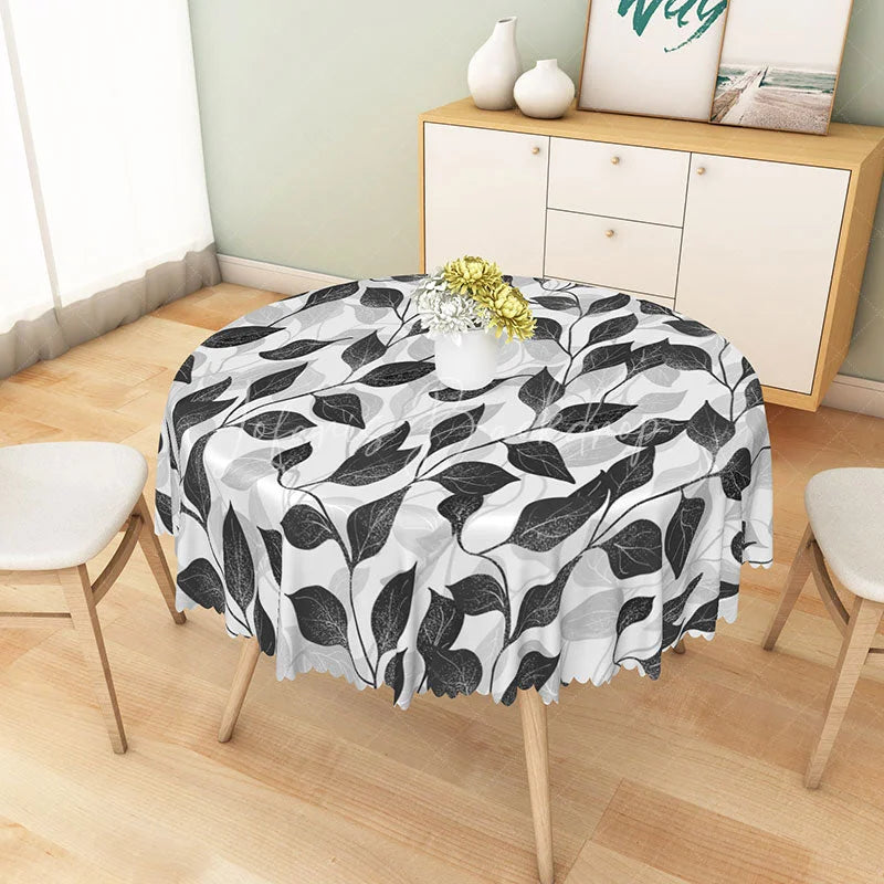 Lofaris Modern Botanical Round Tablecloth with Black and White Leaf Stripes for Minimalist Farmhouse Decor