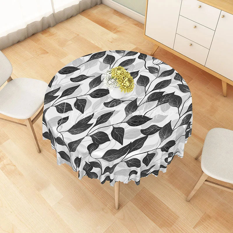 Lofaris Modern Botanical Round Tablecloth with Black and White Leaf Stripes for Minimalist Farmhouse Decor