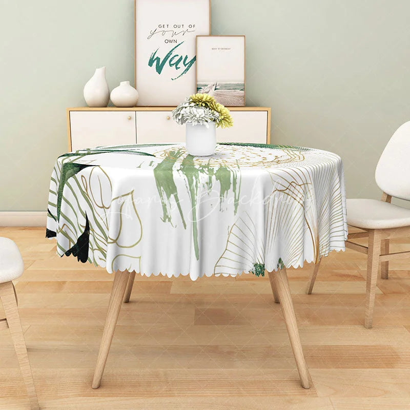 Lofaris Modern Botanical Round Tablecloth with White Green and Gold Leaves for Elegant Holiday Dining Decor