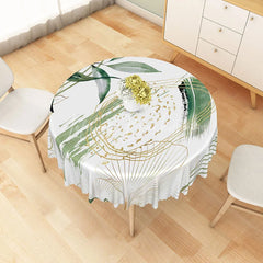 Lofaris Modern Botanical Round Tablecloth with White Green and Gold Leaves for Elegant Holiday Dining Decor