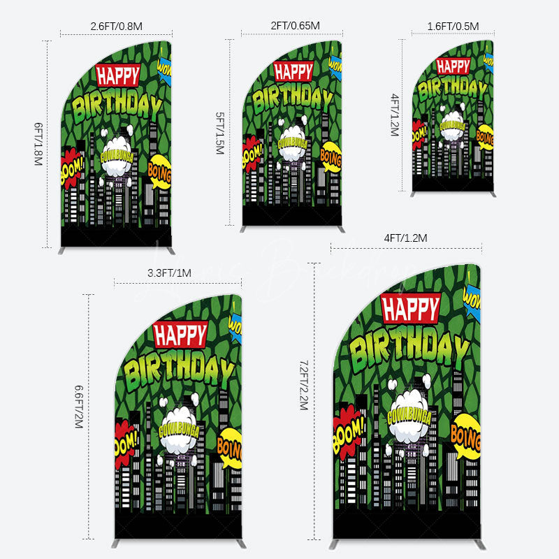 Lofaris Modern Buildings Cartoon Birthday Half Moon Arch Backdrop