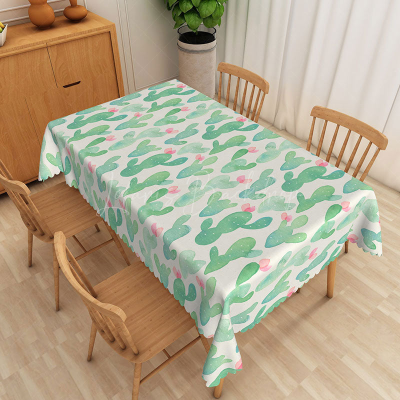 Lofaris Modern Cactus Tablecloth with Green Succulent Pattern on White for Southwest or Fiesta Themed Party