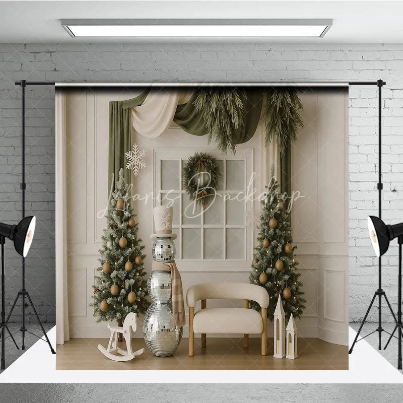 Lofaris Modern Christmas Backdrop Disco Ball Snowman Green Curtain Background Chic Winter Holiday Party Photography Prop