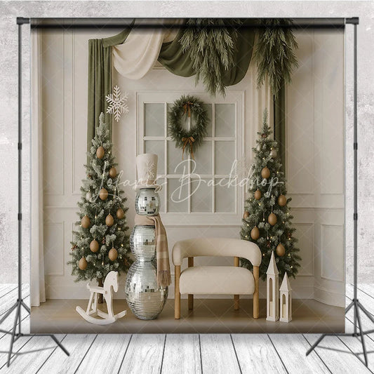Lofaris Modern Christmas Backdrop Disco Ball Snowman Green Curtain Background Chic Winter Holiday Party Photography Prop
