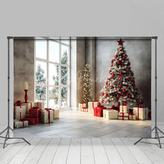 Lofaris Modern Christmas Backdrop Living Room Window Red Tree Photography Background Winter Snow View Holiday Party Decoration
