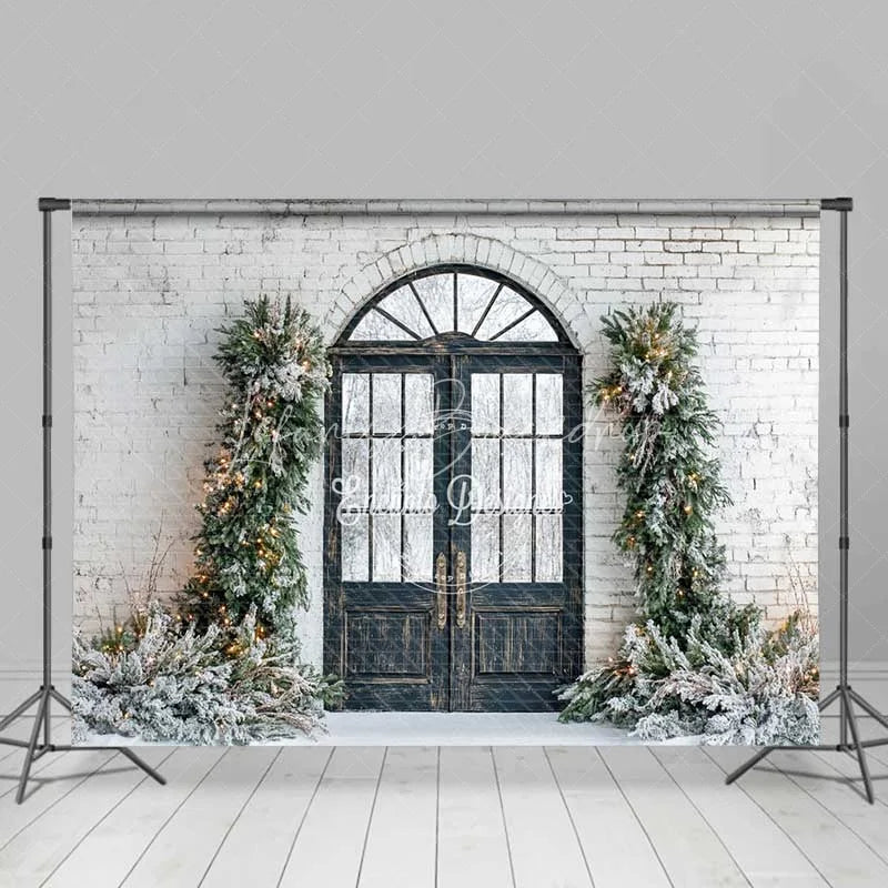 Lofaris Modern Christmas Door Backdrop Black Grid Entryway Lighted Pine Garland Snow White Brick Background