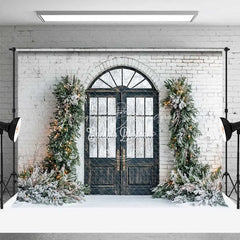 Lofaris Modern Christmas Door Backdrop Black Grid Entryway Lighted Pine Garland Snow White Brick Background