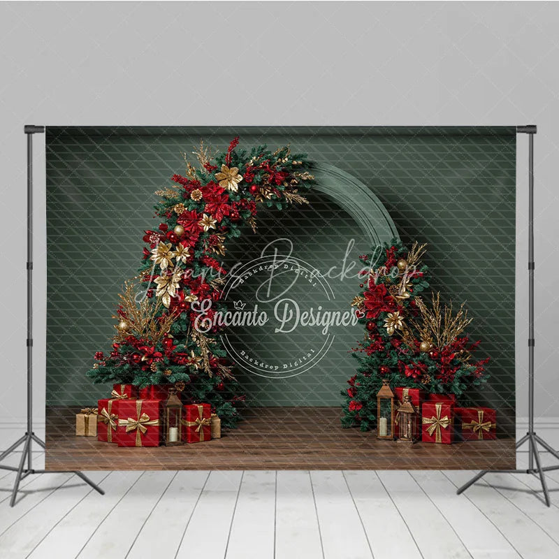 Lofaris Modern Christmas Floral Arch Photography Backdrop Red and Gold Poinsettia Half-Arch Elegant Holiday Photo Background