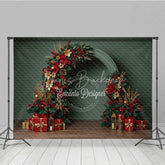 Lofaris Modern Christmas Floral Arch Photography Backdrop Red and Gold Poinsettia Half-Arch Elegant Holiday Photo Background