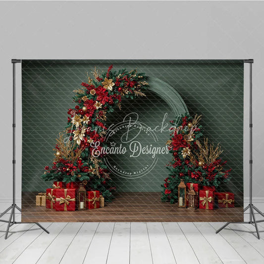 Lofaris Modern Christmas Floral Arch Photography Backdrop Red and Gold Poinsettia Half-Arch Elegant Holiday Photo Background