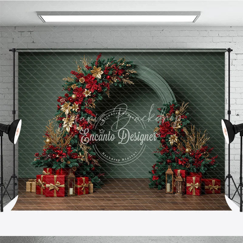 Lofaris Modern Christmas Floral Arch Photography Backdrop Red and Gold Poinsettia Half-Arch Elegant Holiday Photo Background