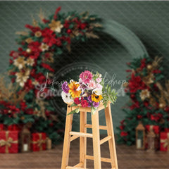 Lofaris Modern Christmas Floral Arch Photography Backdrop Red and Gold Poinsettia Half-Arch Elegant Holiday Photo Background