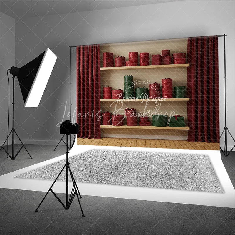 Lofaris Modern Christmas Gift Wall Photography Backdrop Shelves of Red and Green Presents Holiday Boutique Photo Background