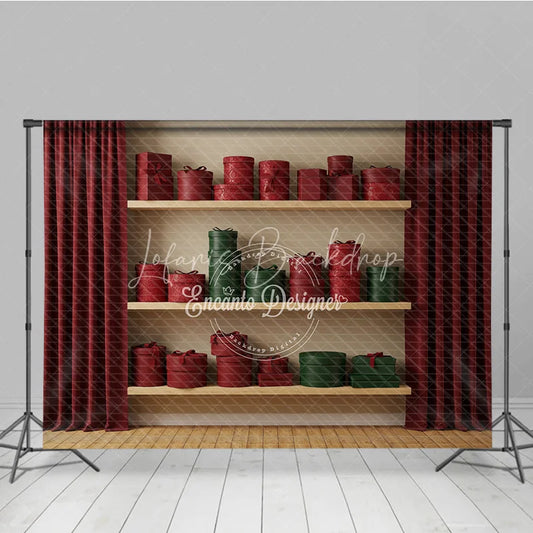 Lofaris Modern Christmas Gift Wall Photography Backdrop Shelves of Red and Green Presents Holiday Boutique Photo Background