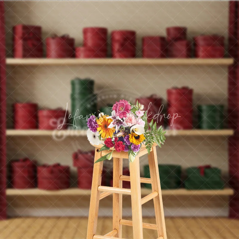 Lofaris Modern Christmas Gift Wall Photography Backdrop Shelves of Red and Green Presents Holiday Boutique Photo Background