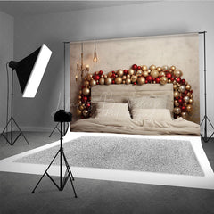 Lofaris Modern Christmas Headboard Photography Backdrop Red and Gold Balloon Garland Rustic Chic Bedroom Photo Prop