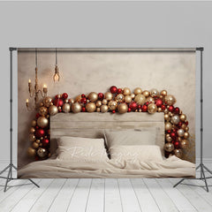 Lofaris Modern Christmas Headboard Photography Backdrop Red and Gold Balloon Garland Rustic Chic Bedroom Photo Prop