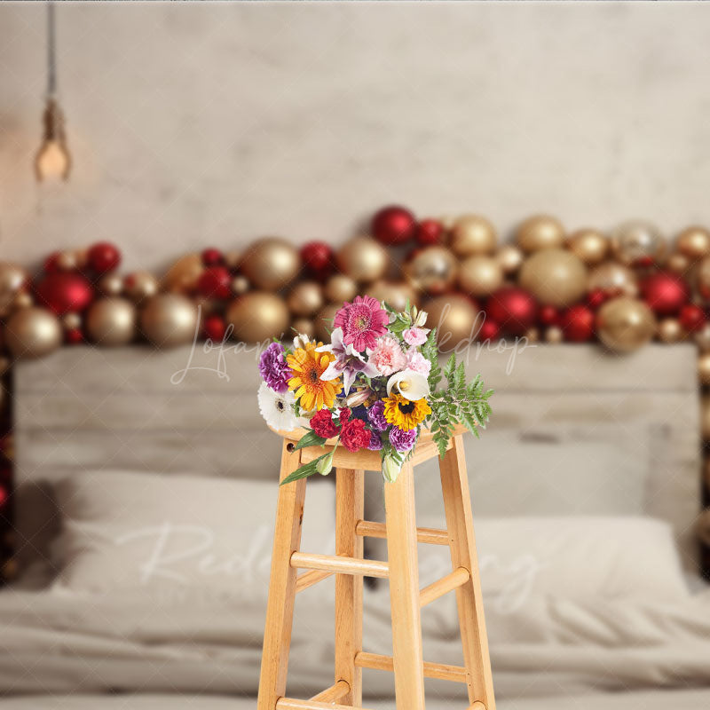 Lofaris Modern Christmas Headboard Photography Backdrop Red and Gold Balloon Garland Rustic Chic Bedroom Photo Prop